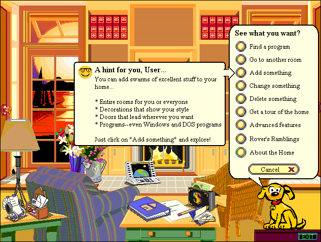 Microsoft Bob's (1995) spatial room/location interface and embodied software Agent cartoon character
